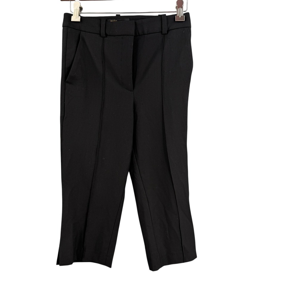 Maje Black Cropped Wool Blend Tailored Trousers Front Seam Slit Hem Size 34 / 0